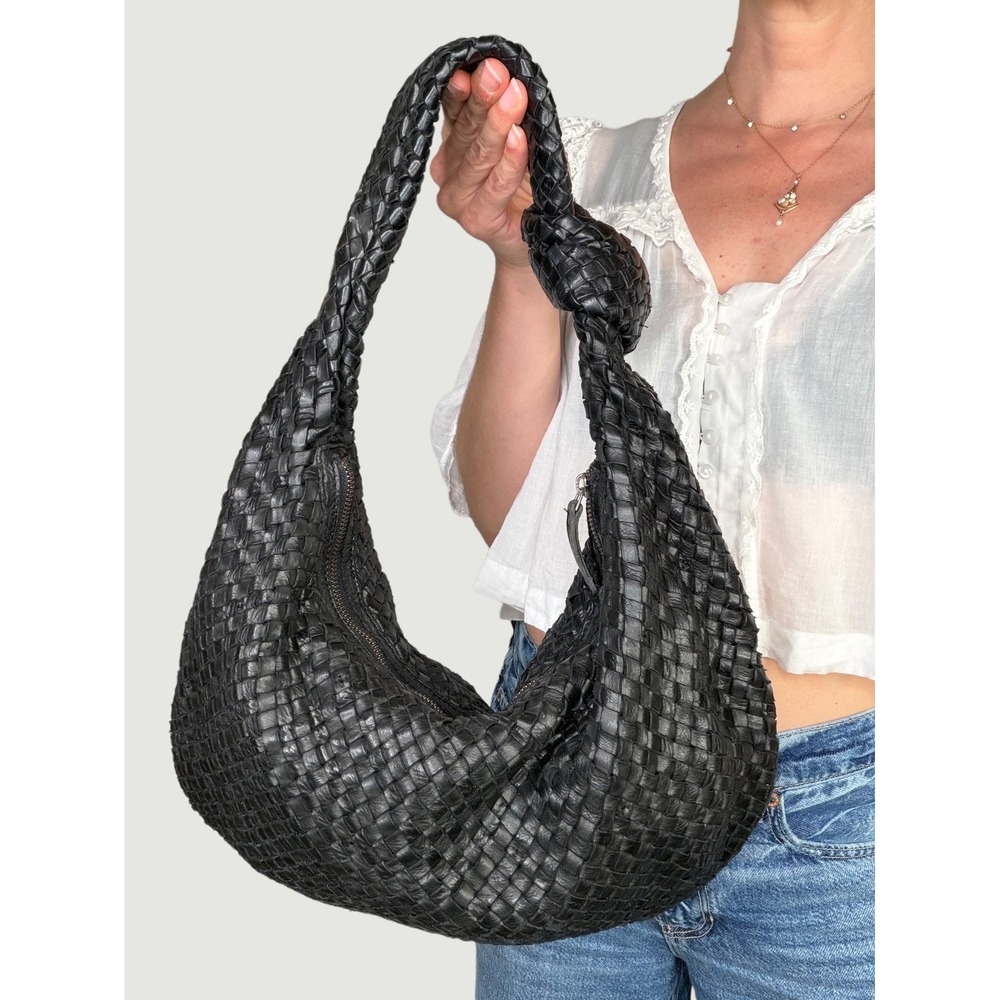 Black Woven Genuine Leather Knotted Hobo Shoulder Bag Slouchy Braided Handbag